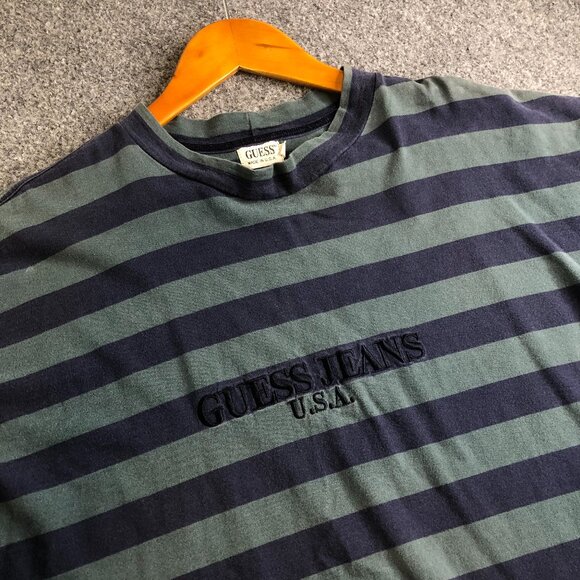Vintage GUESS Shirt Mens Large Green Blue Striped 90s Made In USA Short Sleeve - Picture 1 of 6